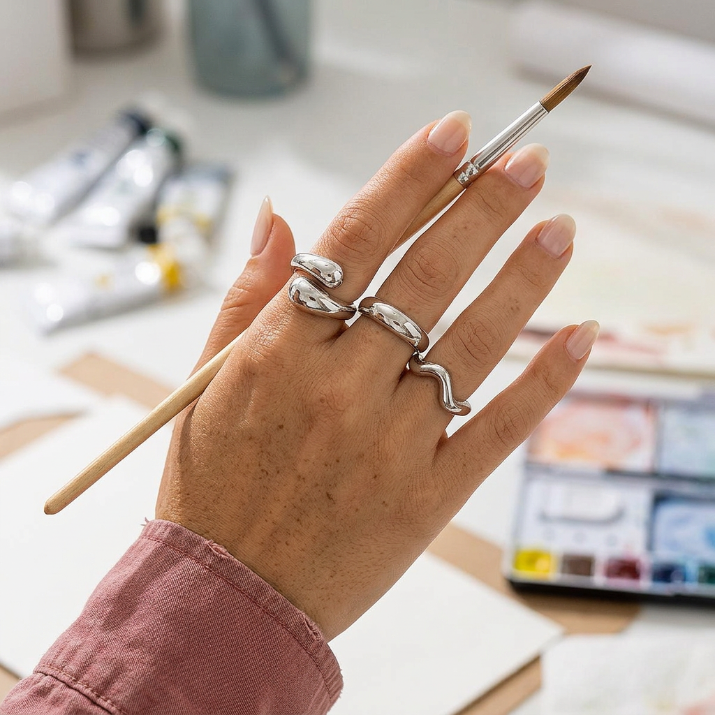 Bague femme argentée Tessara à la main droite