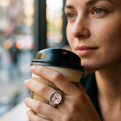 bague montre orivian cadran rose-attraper une tasse café