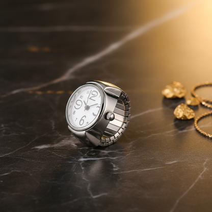 Bague montre orivian déposé sur fond chic marbre 