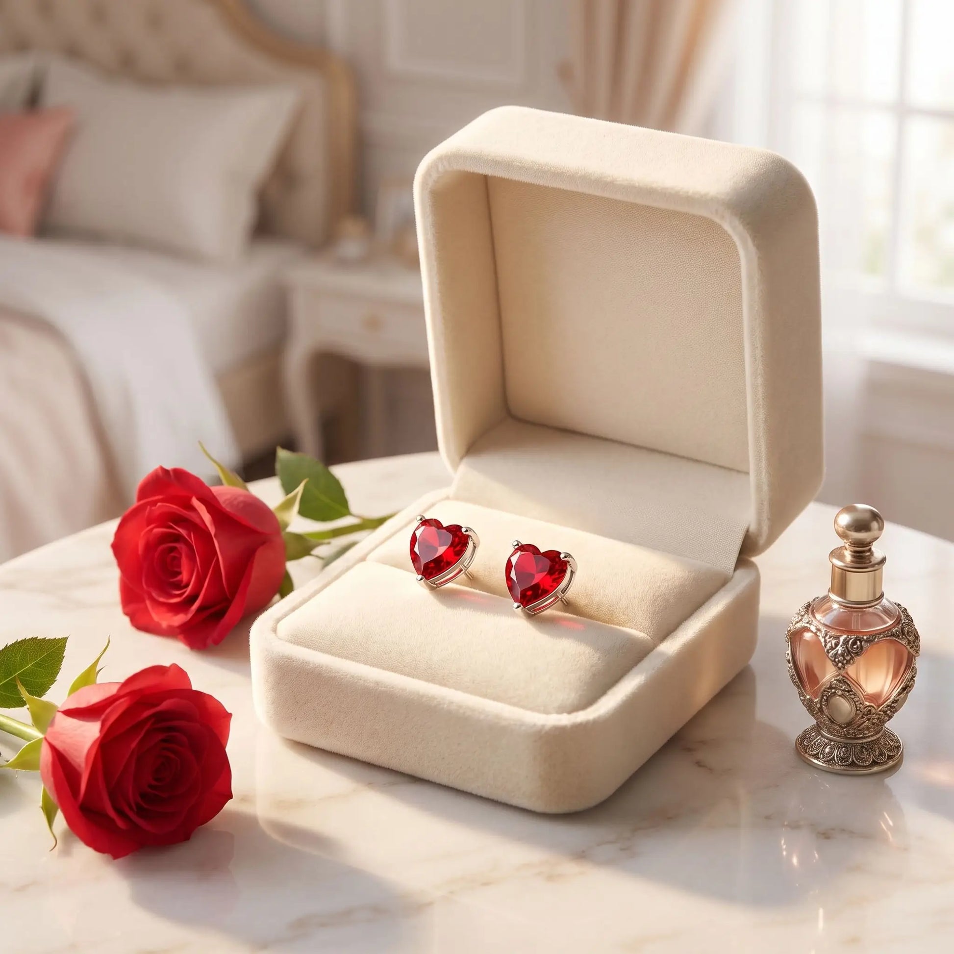 boucle d'oreille coeur sorelia rouge sur une boite