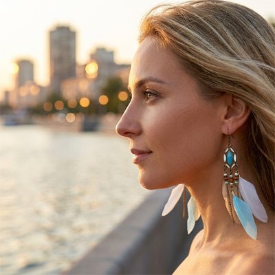 Boucle d'oreille femme pendante Sorevian multicolore porté
