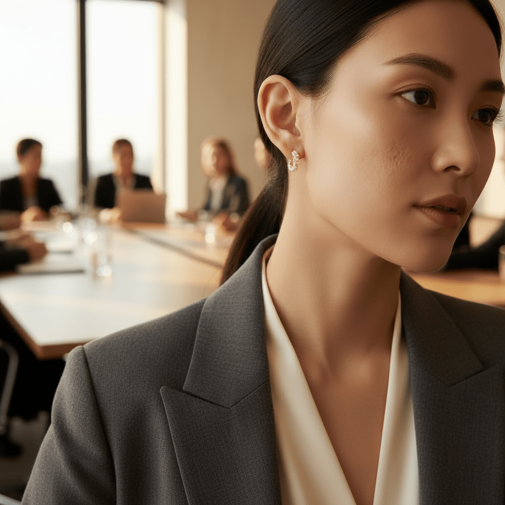 Boucles d'oreilles dormeuses Nacrelys à l'oreille d'une femme au bureau