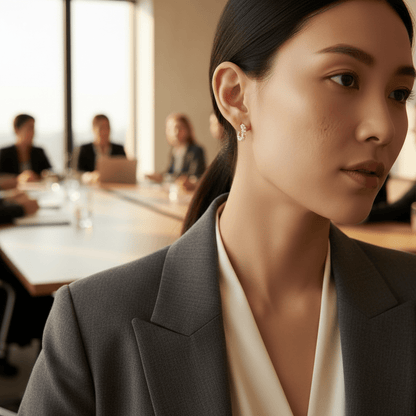 Boucles d'oreilles dormeuses Nacrelys à l'oreille d'une femme au bureau