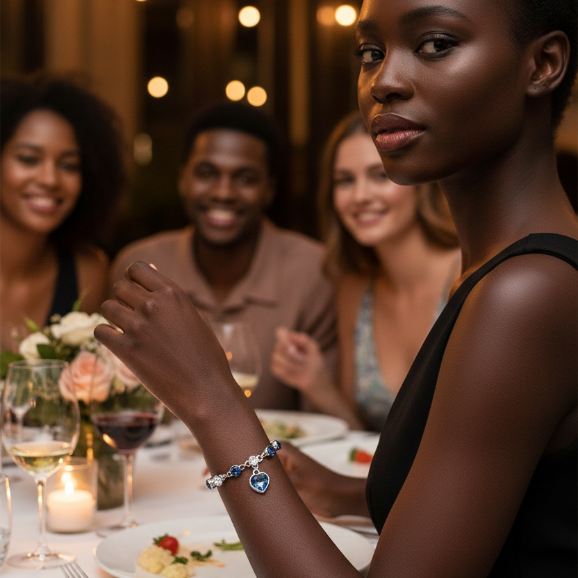 Bracelet en argent Evoria au poignet dans un diner