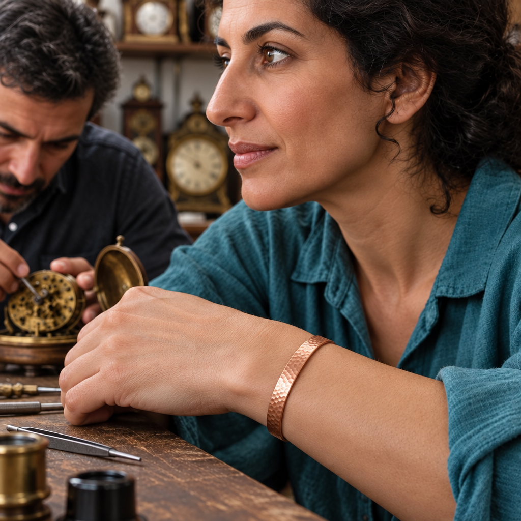 Bracelet en cuivre magnétique Bravelle au poignet d'une femme