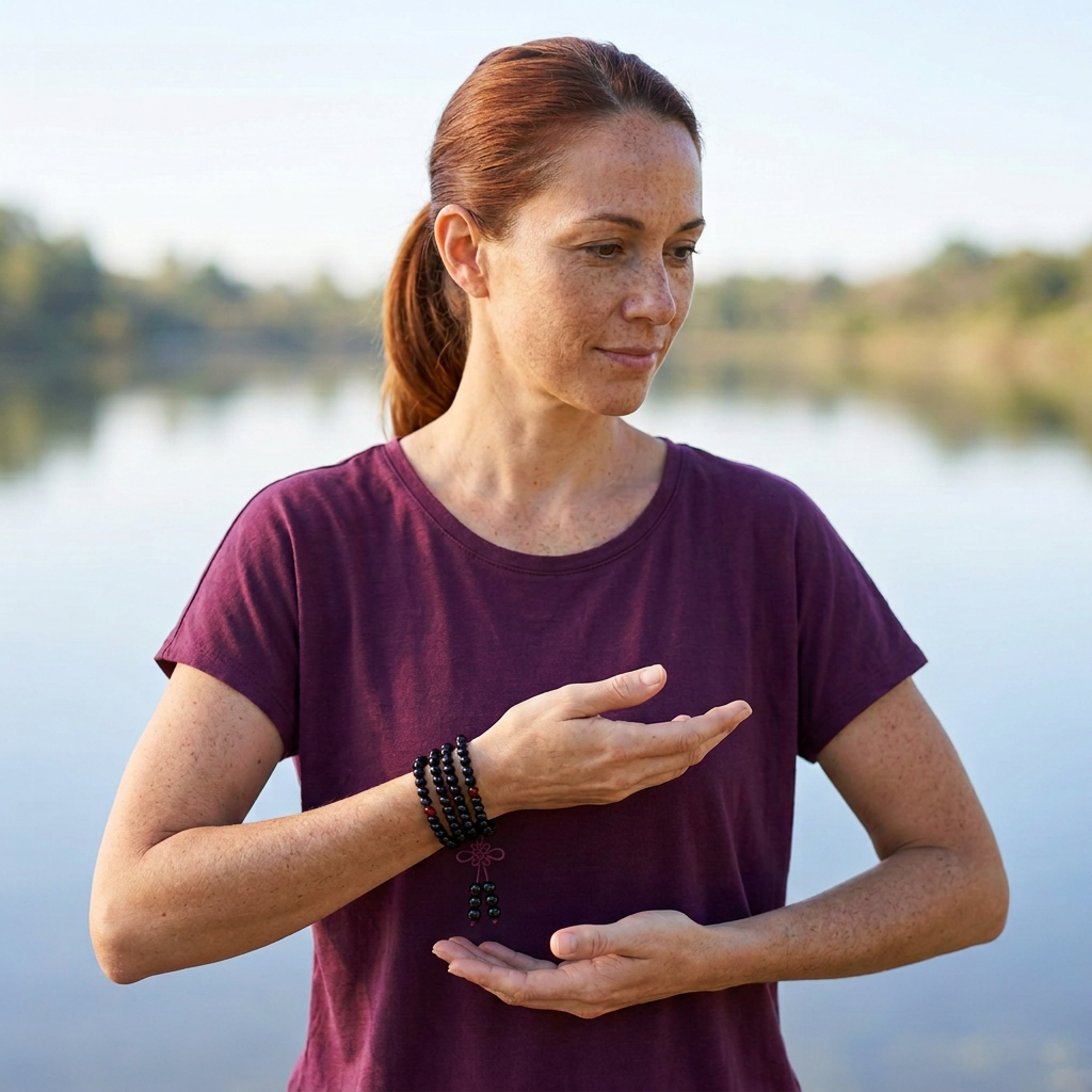 Bracelet femme Santalia noir porté par une femme en session Tai-Chi