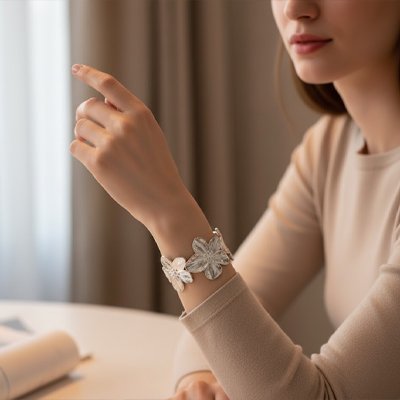 Bracelet manchette Étofléria argenté au poignet gauche