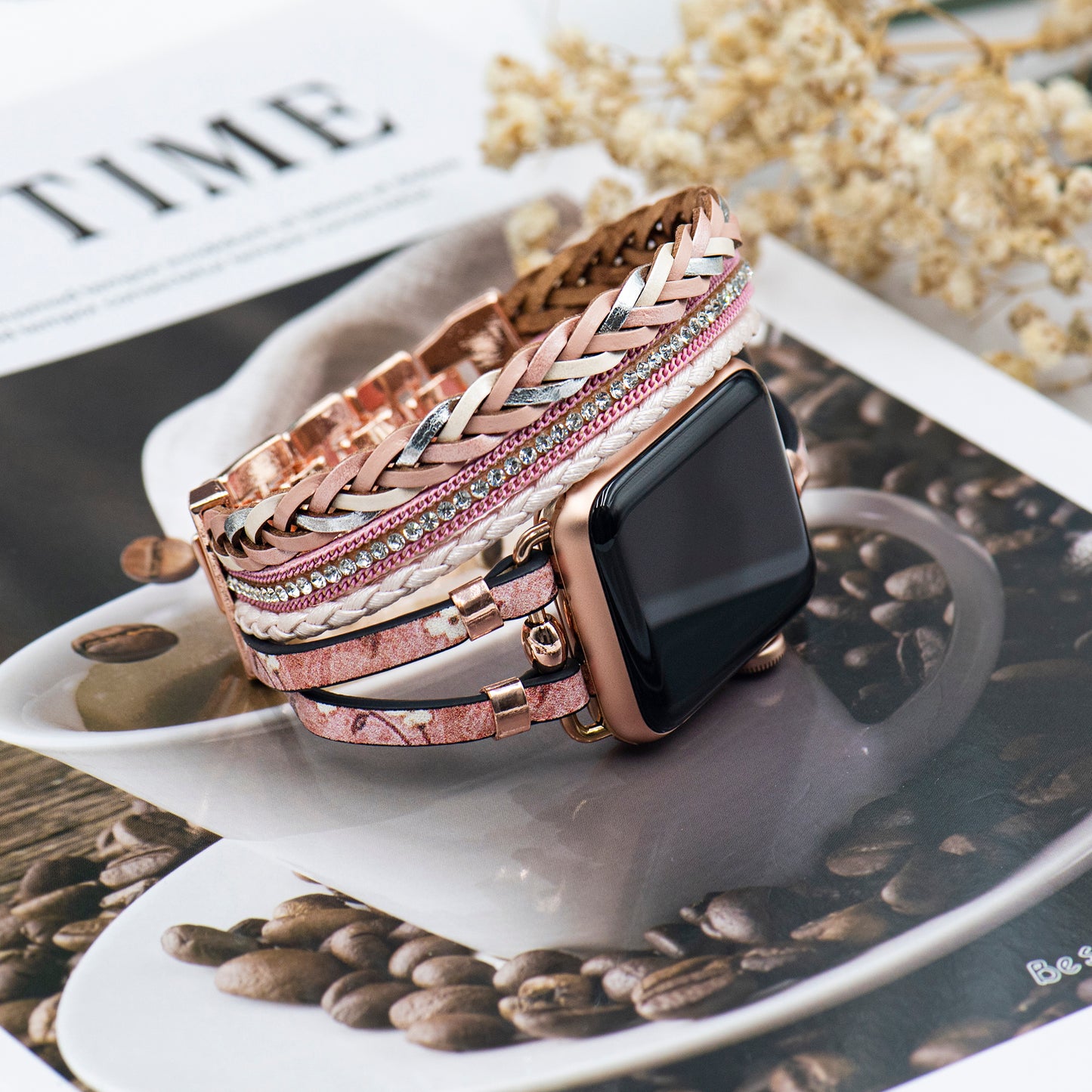 Bracelet montre Horesia rose déposé de côté