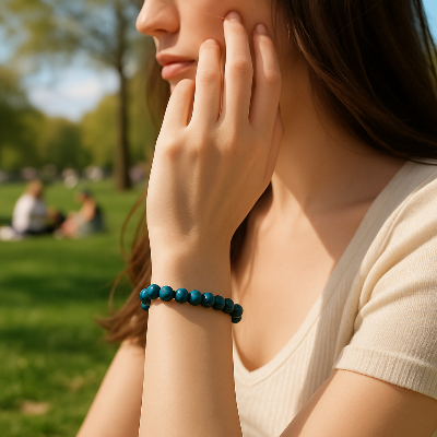 Bracelet Perlazur femme assise au parc