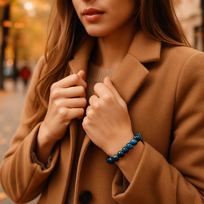 Bracelet Perlazur femme fermant son manteau