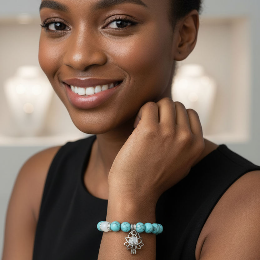 Bracelet pierre naturelle Aqualys Aqua au poignet gauche