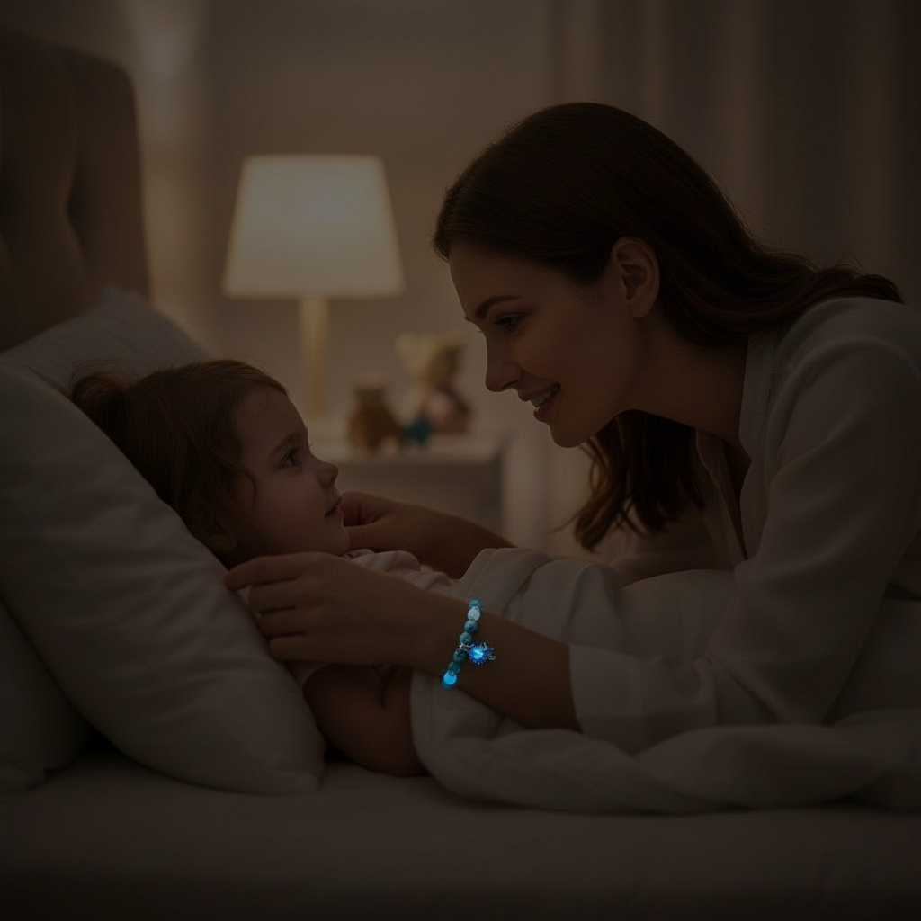 Bracelet pierre naturelle Aqualys luminescent au poignet d'une mère