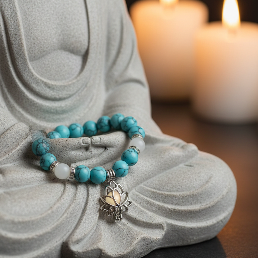 Bracelet pierre naturelle Aqualys sur statue de Bouddha