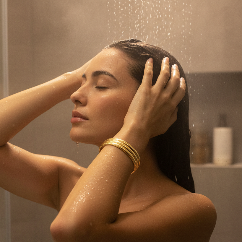 Bracelets joncs Caléa au poignet gauche d'une femme sous la douche