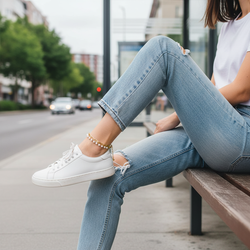 Chaîne cheville portée avec des baskets Rovensya