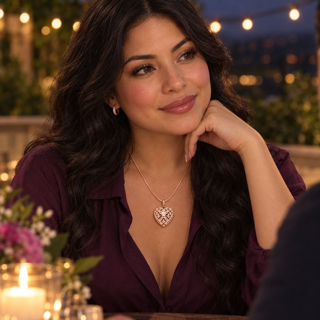 Coeur en pendentif Virexia rose doré porté dans un diner