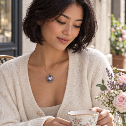 Coeur pendentif Elvoran pierre violette porté au cou