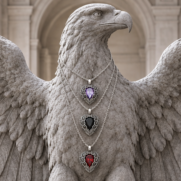 Coeur pendentif Elvoran trois modèles superposés sur statue d’aigle