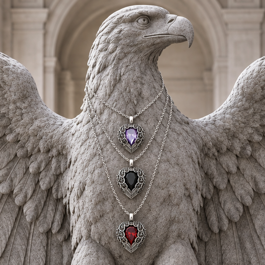 Coeur pendentif Elvoran trois modèles superposés sur statue d’aigle