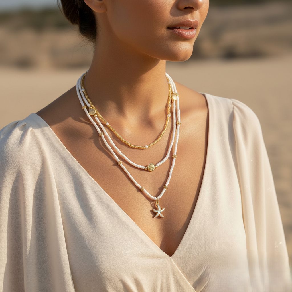collier coquillage avélis porter sur une femme