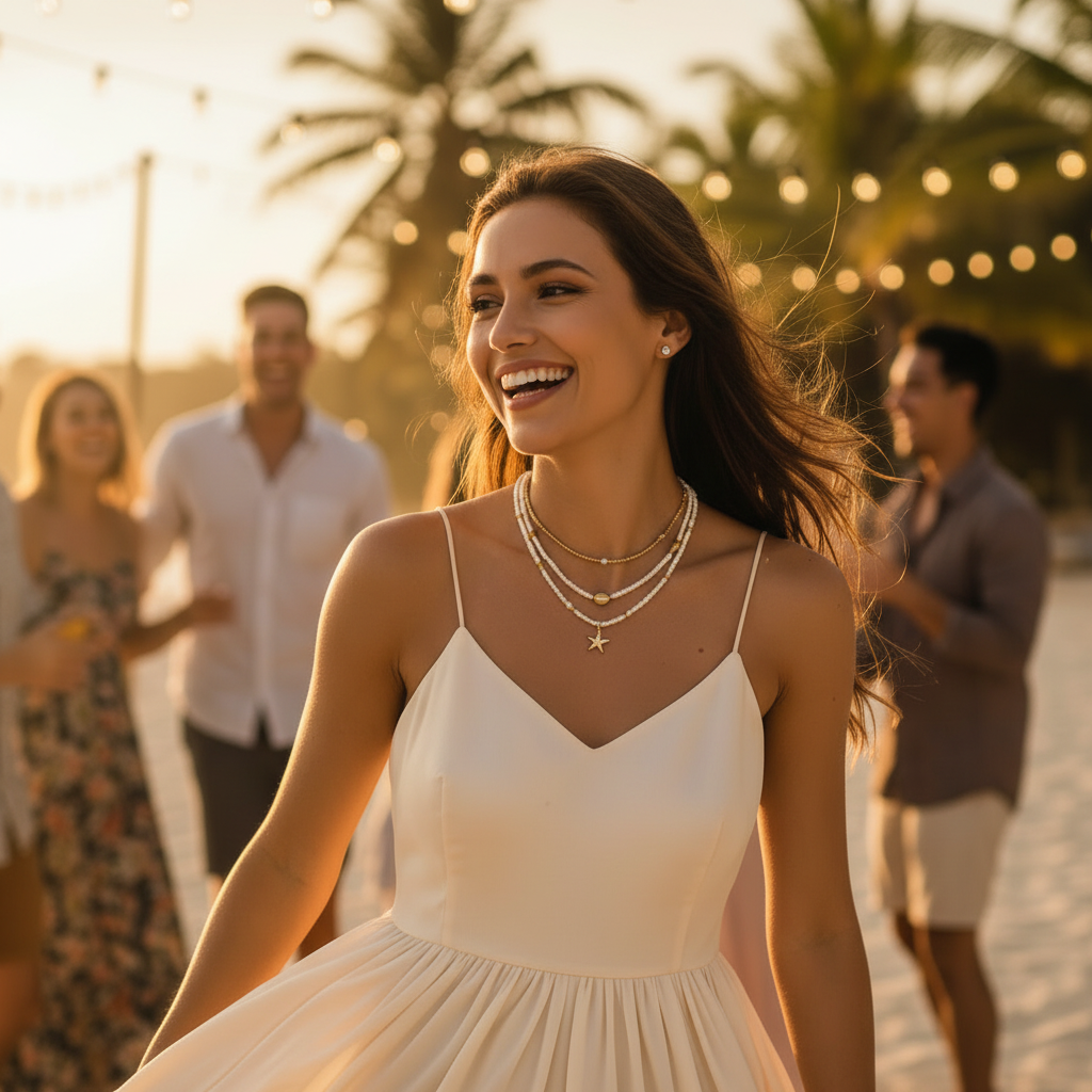 collier coquillage avélis une femme sur la plage qui attirent les regards