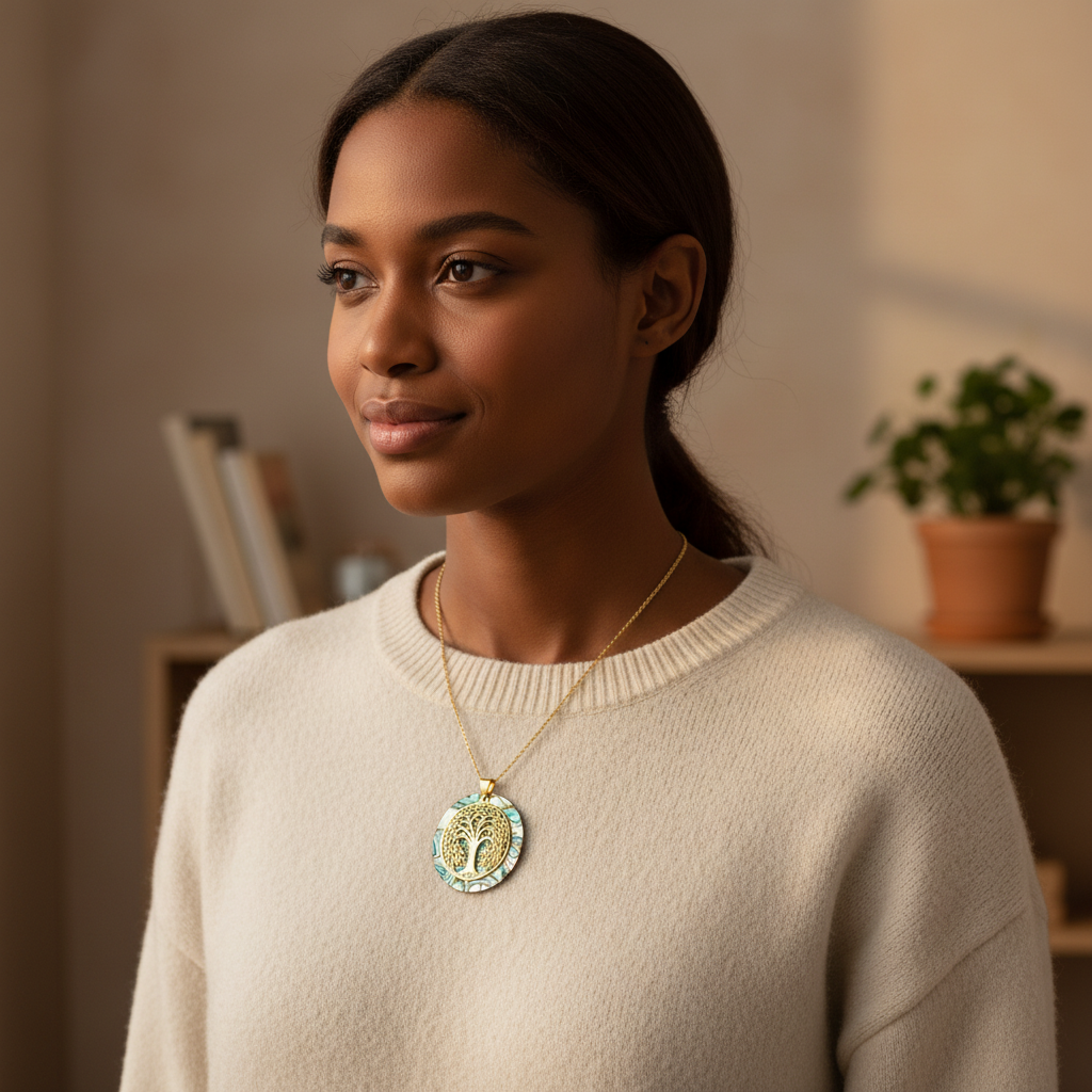 Collier Élyssor doré porté par une femme apaisée