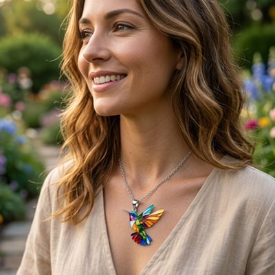 Collier femme argenté au cou Colibris
