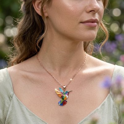 Collier femme doré au cou Colibris