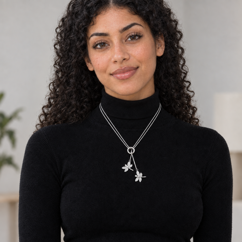 Collier Libelle porté par une femme avec un col roulé