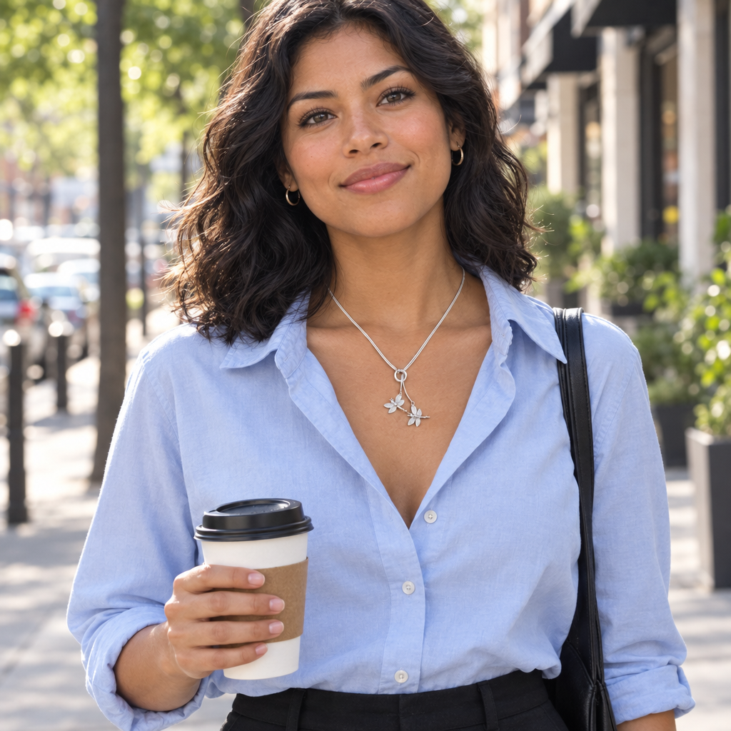 Collier Libelle porté par une femme marchant dans la rue