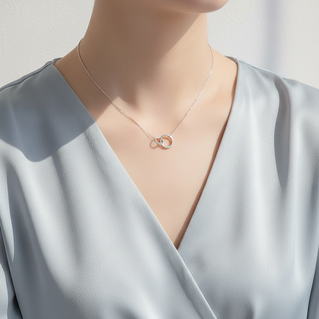Collier ras de cou Néolune argenté porté sur une blouse claire