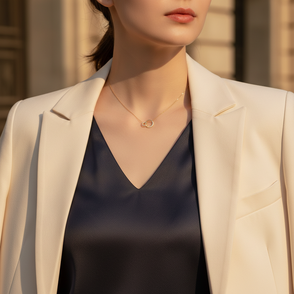 Collier ras de cou Néolune doré porté avec un blazer