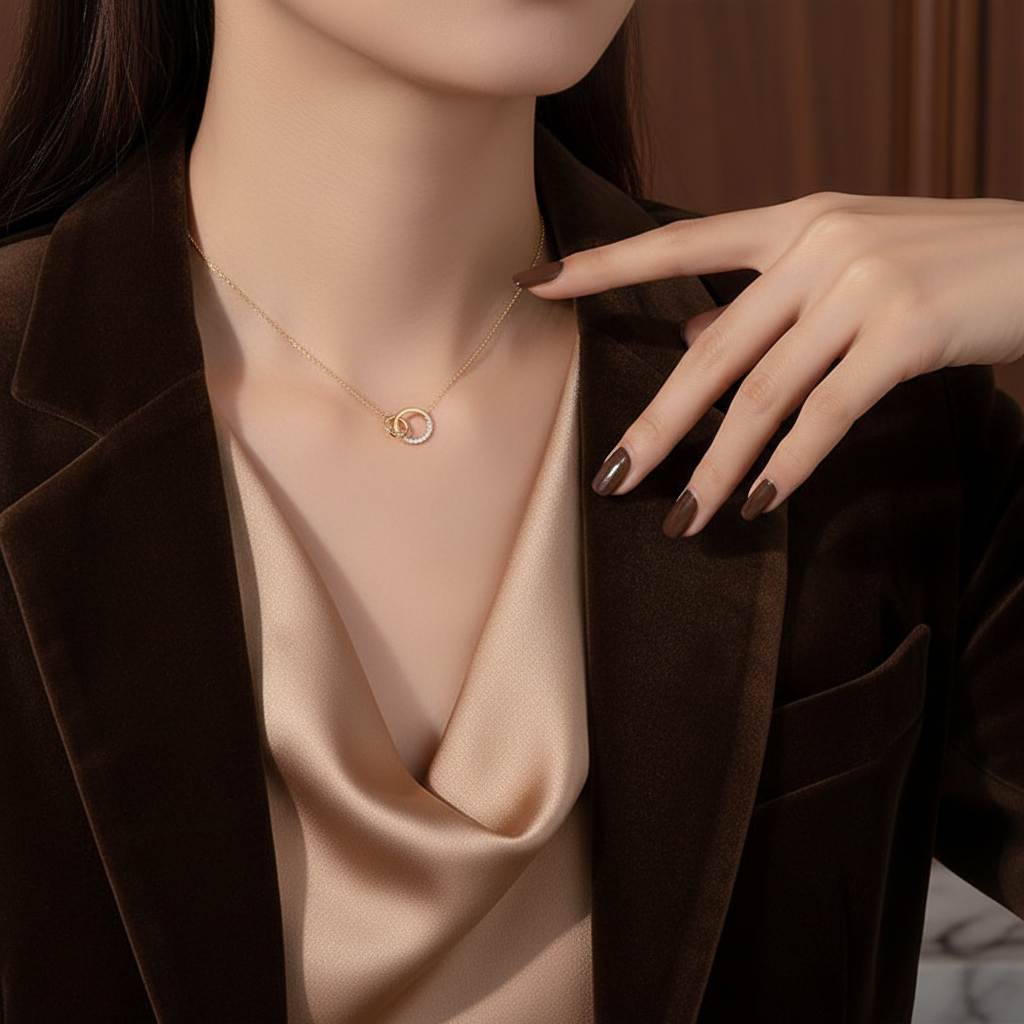 Collier ras de cou Néolune doré porté dans un style éditorial