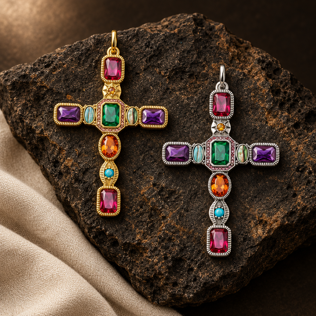 Croix pendentif Rovélys argentée et dorée