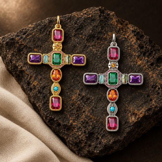 Croix pendentif Rovélys argentée et dorée