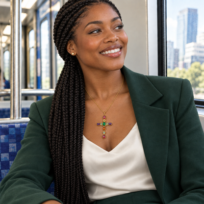 Croix pendentif Rovélys dorée portée dans le métro