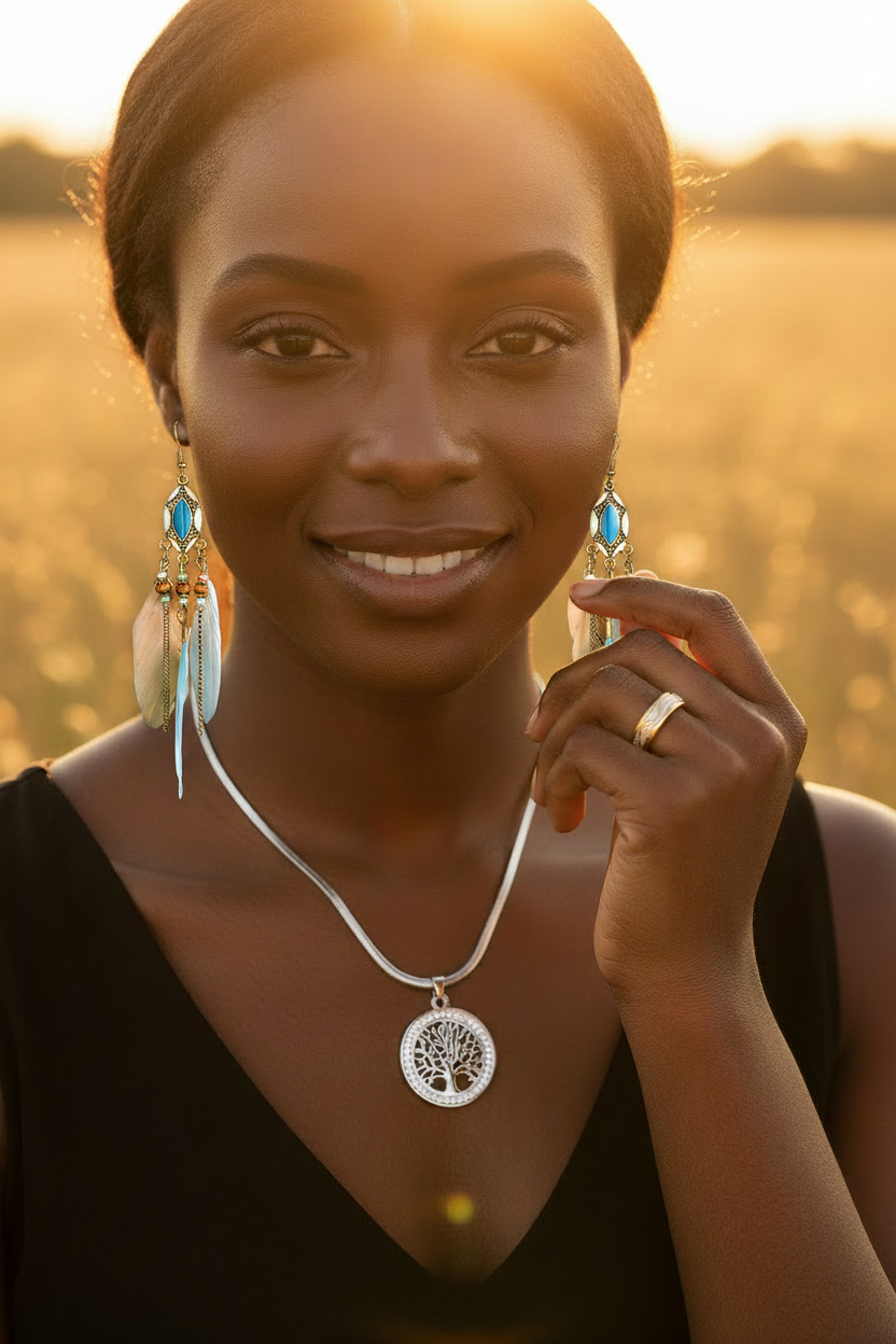 Femme africaine avec collier, bague et boucles d'oreilles plumes