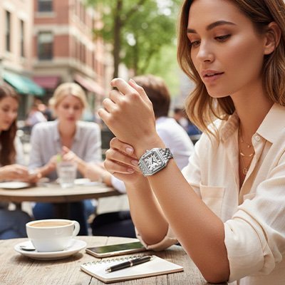 Montre femme Elvaris argentée main  gauche