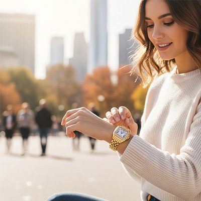 Montre femme Evaris dorée main gauche