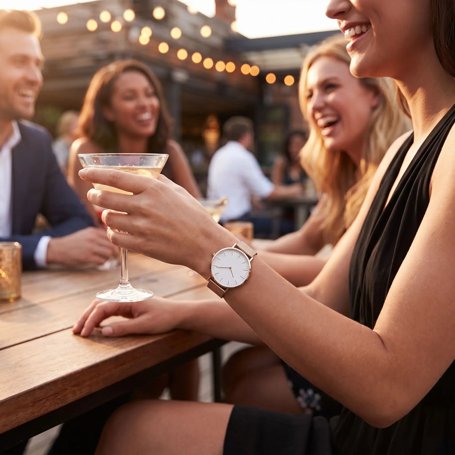 Montre femme tendance Orensya blanc une femme dans un bar