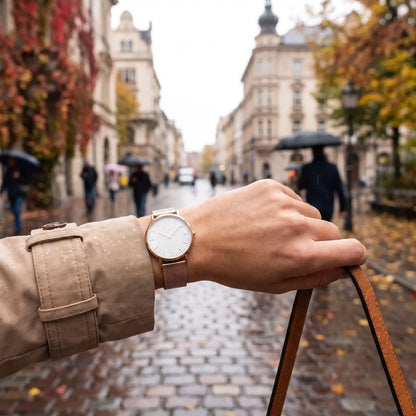 Montre femme tendance Orensya blanc femme sous la pluie
