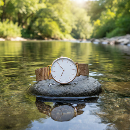 Montre femme tendance Orensya cadran blanc posée sur une pierre