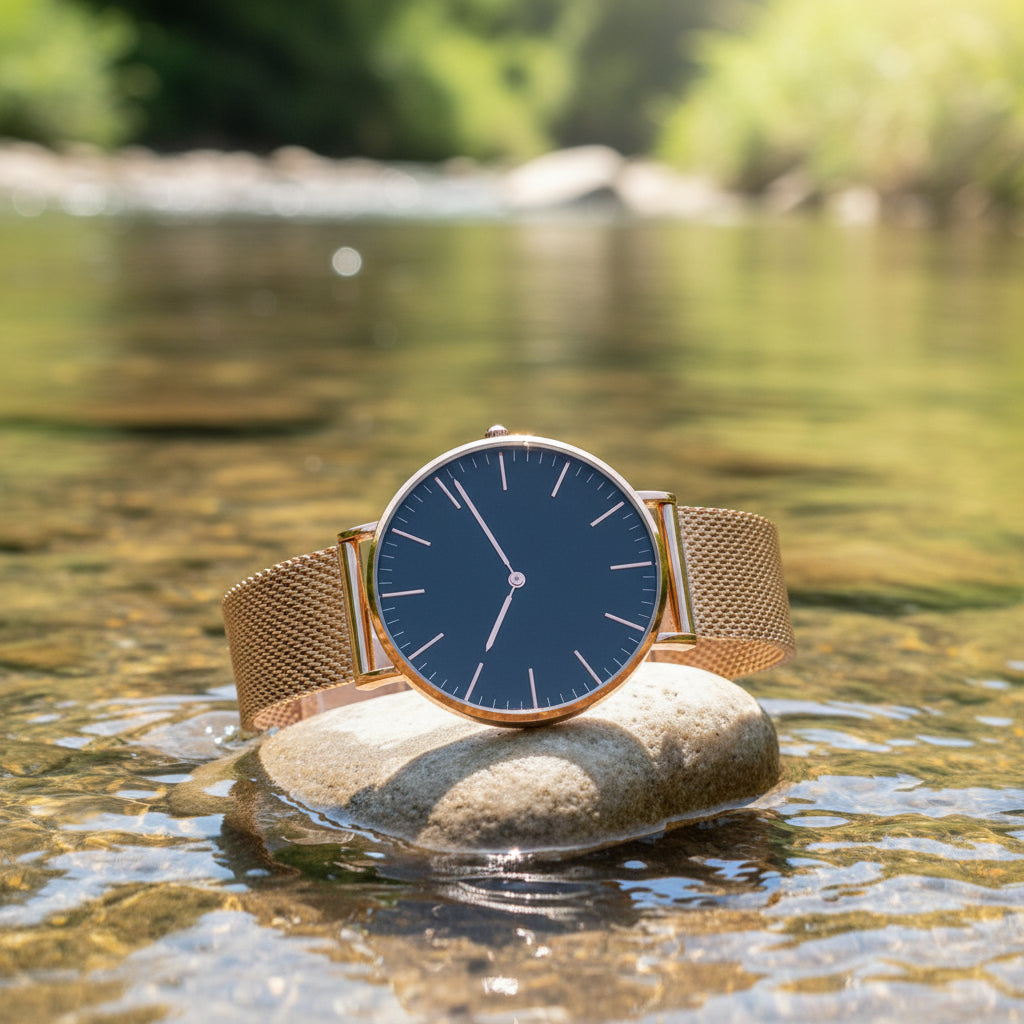 Montre femme tendance Orensya cadran noir posée sur une pierre