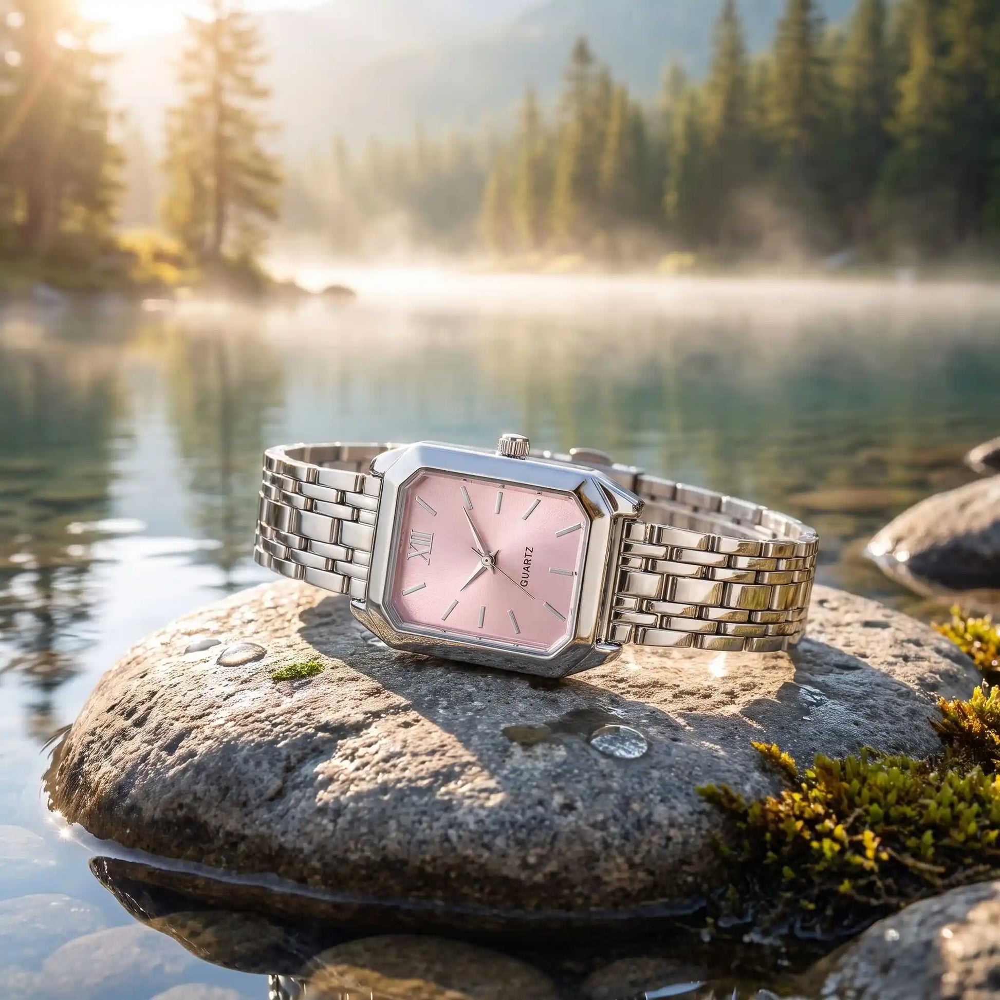 Montre rectangulaire femme oripse argent rose poudré posée sur une roche