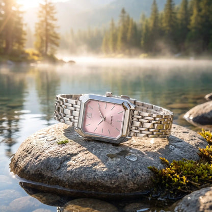 Montre rectangulaire femme oripse argent rose poudré posée sur une roche