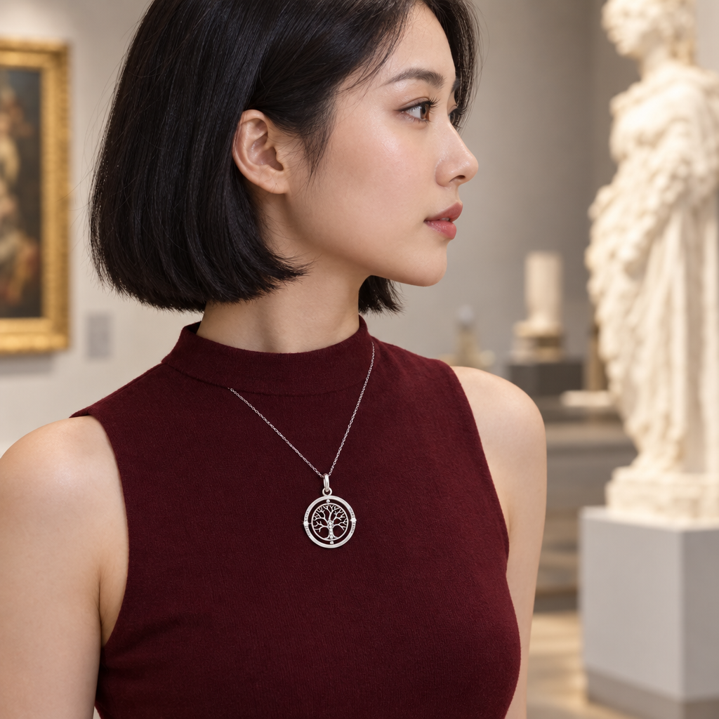 Pendentif arbre de vie Zevoria porté dans une galerie d'art