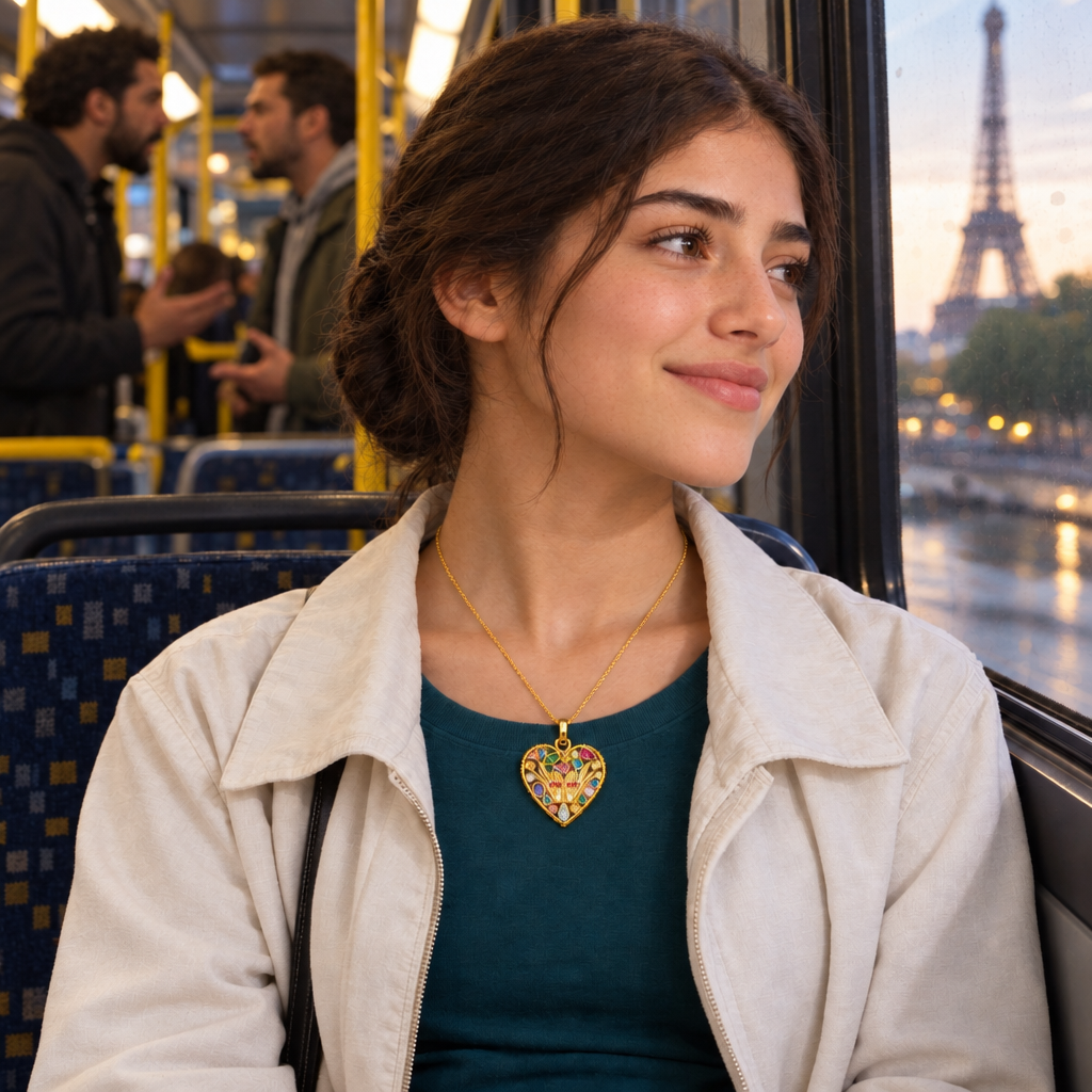 Pendentif coeur Amoricia porté par une ado dans le bus