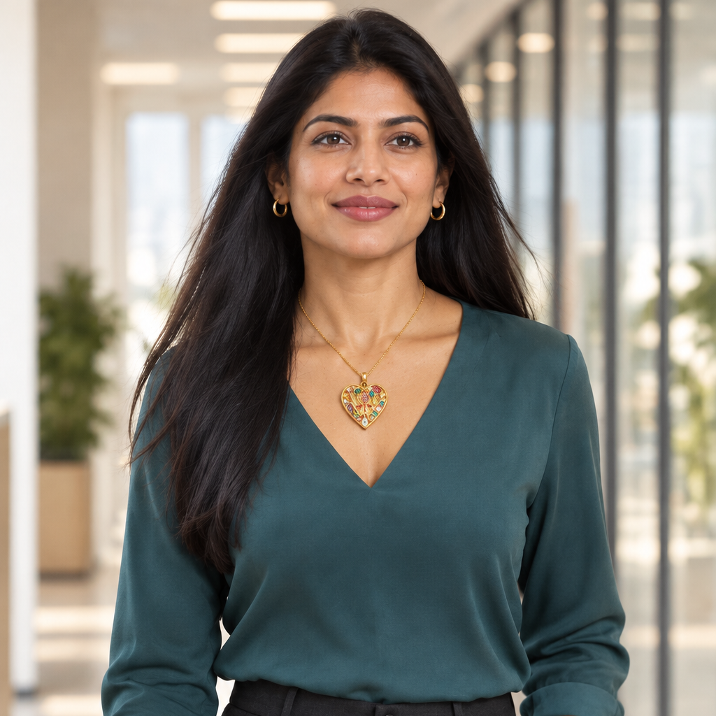 Pendentif coeur Amoricia porté par une femme au bureau
