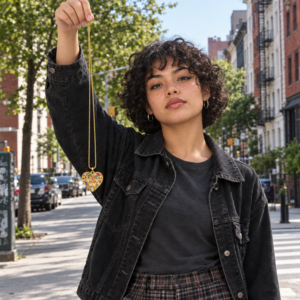 Pendentif coeur Amoricia tenu à bout de bras par une ado