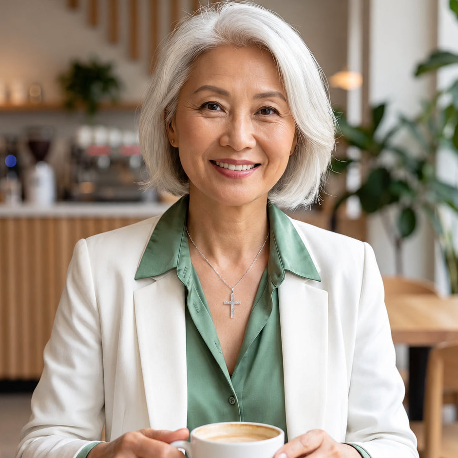 Pendentif croix Crucialys porté par une dame au café